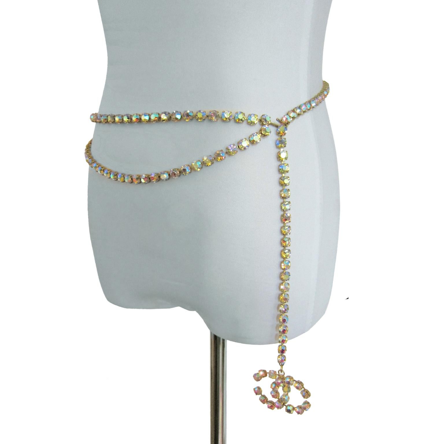 Iconic Chanel Aurora Stone Chain Belt with CC Logo from show SS 1995.
Adjustable hook closure. This belt can be worn as a necklace as well.

