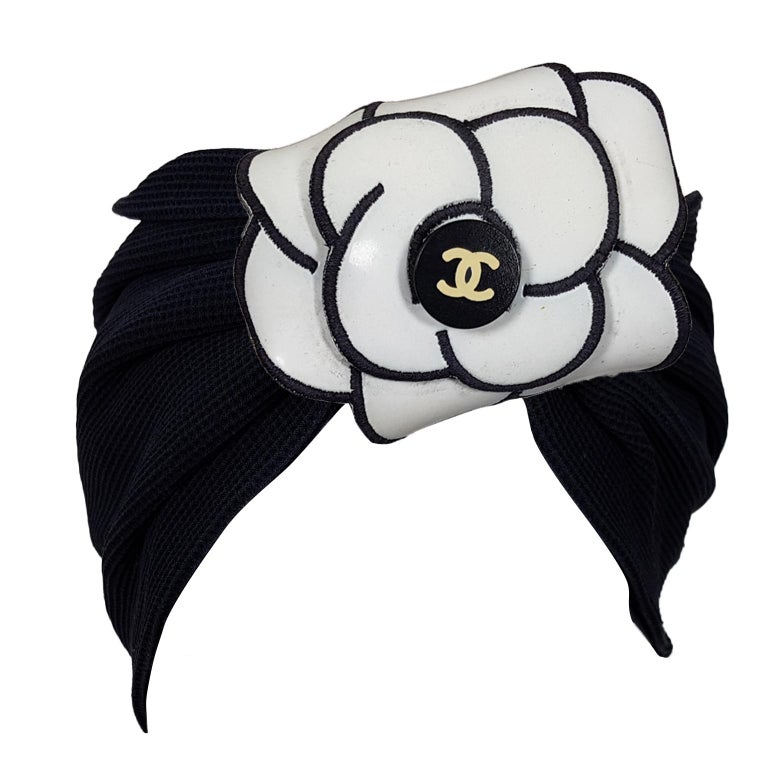 Chanel Black Turban Hair Band White Camellia Campaign SS 1995 For Sale
