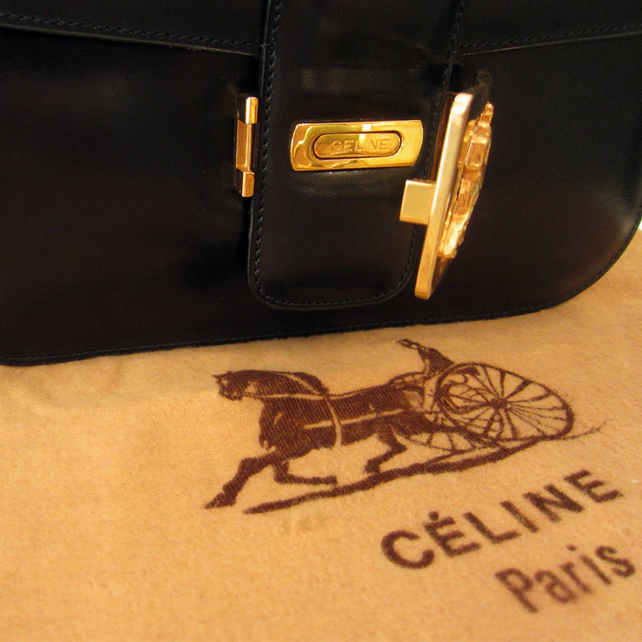 Celine Diffusion 1970's Shoulder Gold Horse Carriage Box Bag 2