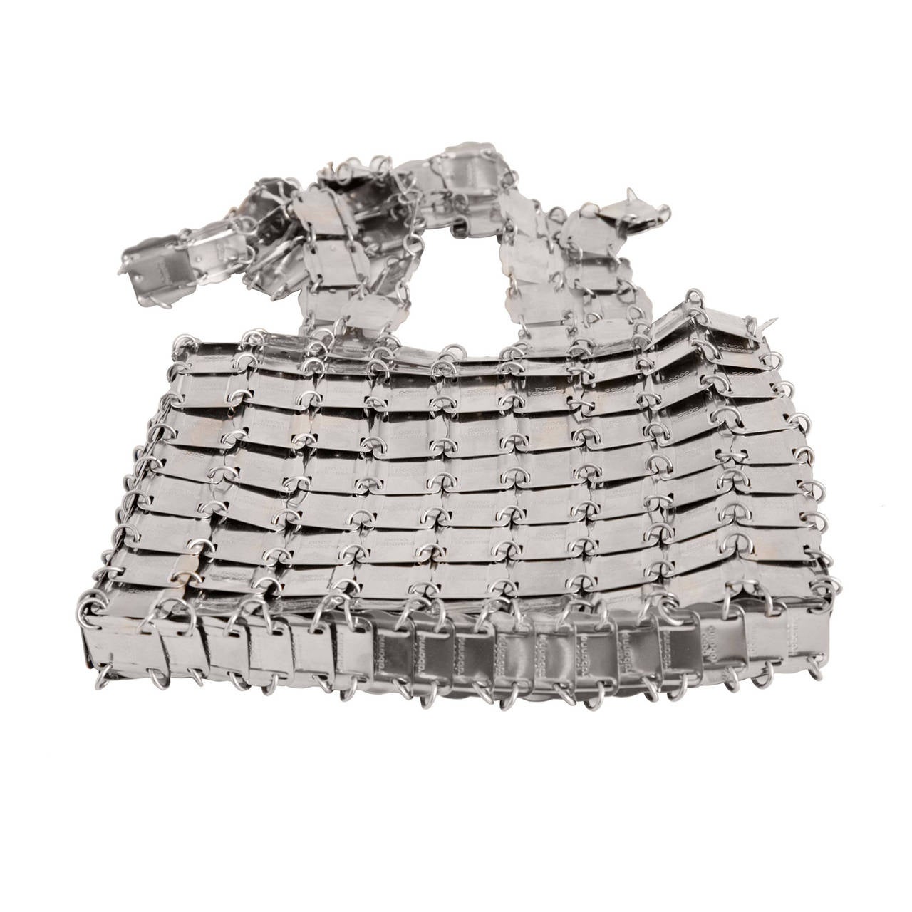 Paco Rabanne silver tone metal purse with zip purse attached inside. 
Each metal pieces are embossed and linked together.
Purse handle length : 68cm