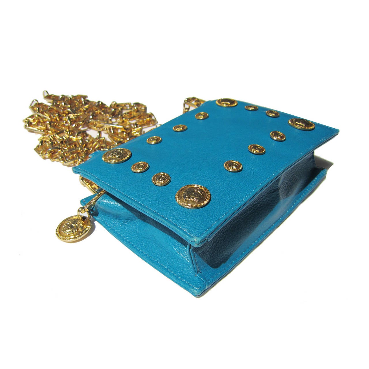 Blue Gianni Versace Couture Rare Turquoise Gold Medusa Chain bag For Sale