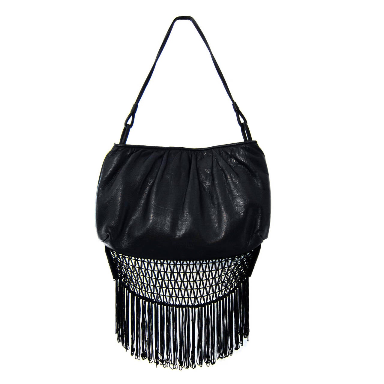Alexander Mcqueen victorian inspired black leather purse with flower embroidery.
It has contrasted sky blue lining 2 pockets and one zip pocket. 
Sz : 20 x 30 x 5 cm 
Handle 55 cm 
Fringe Length 16 cm