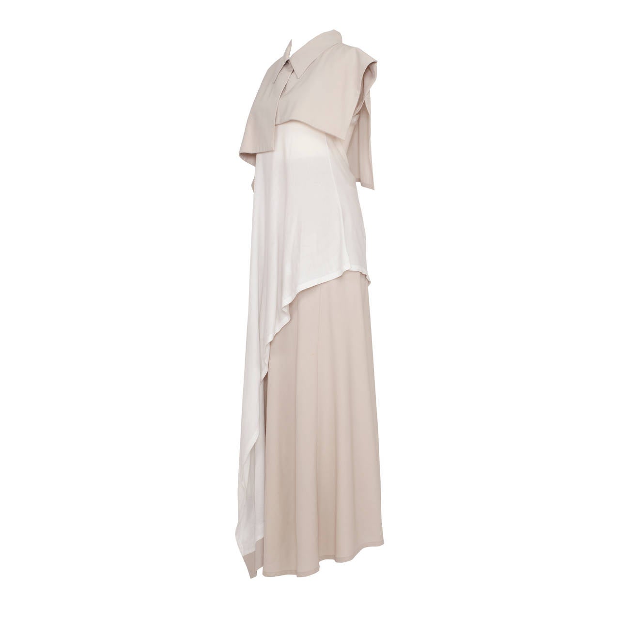 Amazing Yohji Yamamoto light beige / white set up from circa 80's. 
It fits like EU 34 - 36, 4 - 6 US
Measurements: 
Top 
Shoulders : ca. 40 cm
Underarm : ca. 34 cm
Total length : ca. 150 cm
Skirt :
Waist : 68 cm
Length : 106 cm

