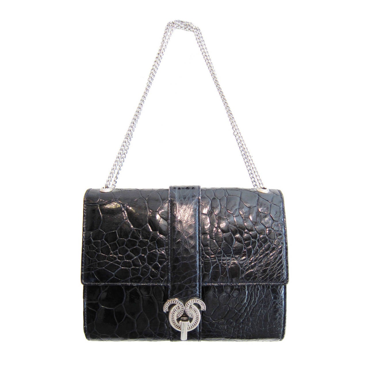 Modell Royal Black Crocodile Shoulder Chain Bag 1960's