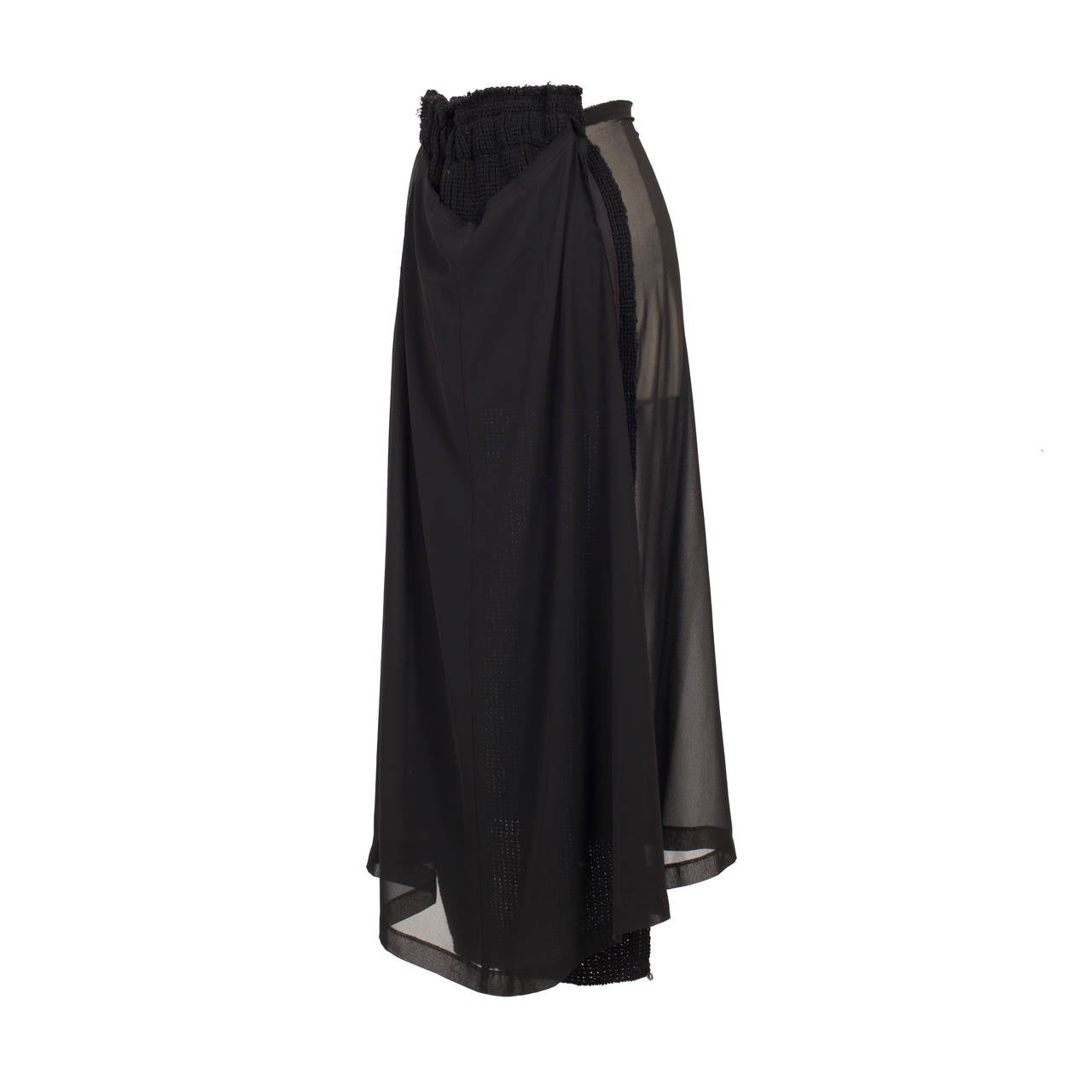 Comme des Garcon black sheer skirt with double knit front detail from AD2002.
Measurements : 
Size - M
Waist - 62 cm
Width - 84 cm
Total length aprox. - 83 cm