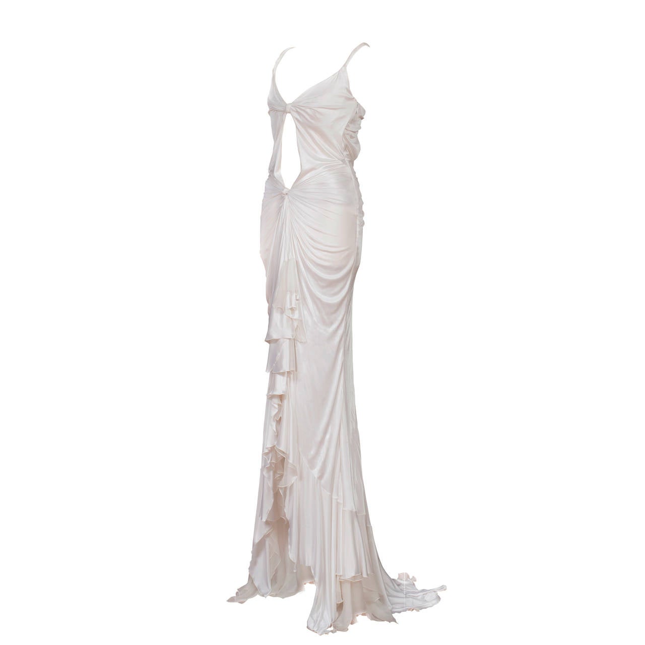 Versace white evening gown from 1990's. 
Elegant draping, knits and twists details with open back ensure a stunning silhouette. Soft off white colour, mermaid design and artfully embellished fit. 
Size : 42 Italian ( 38 EU, US 6-8 )
Measurements