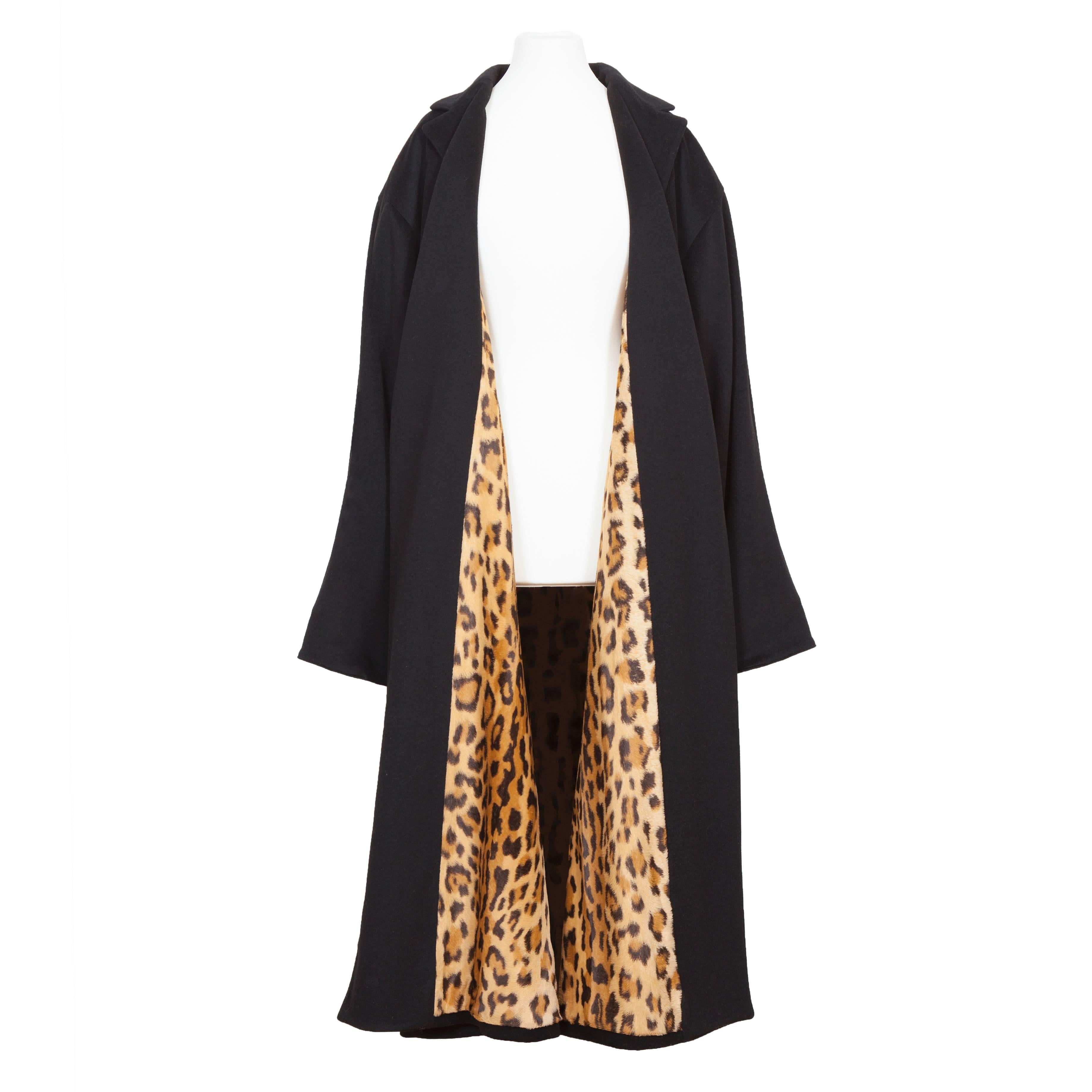 Black Gianni Versace Leopard Faux Fur Lining Coat 1990's