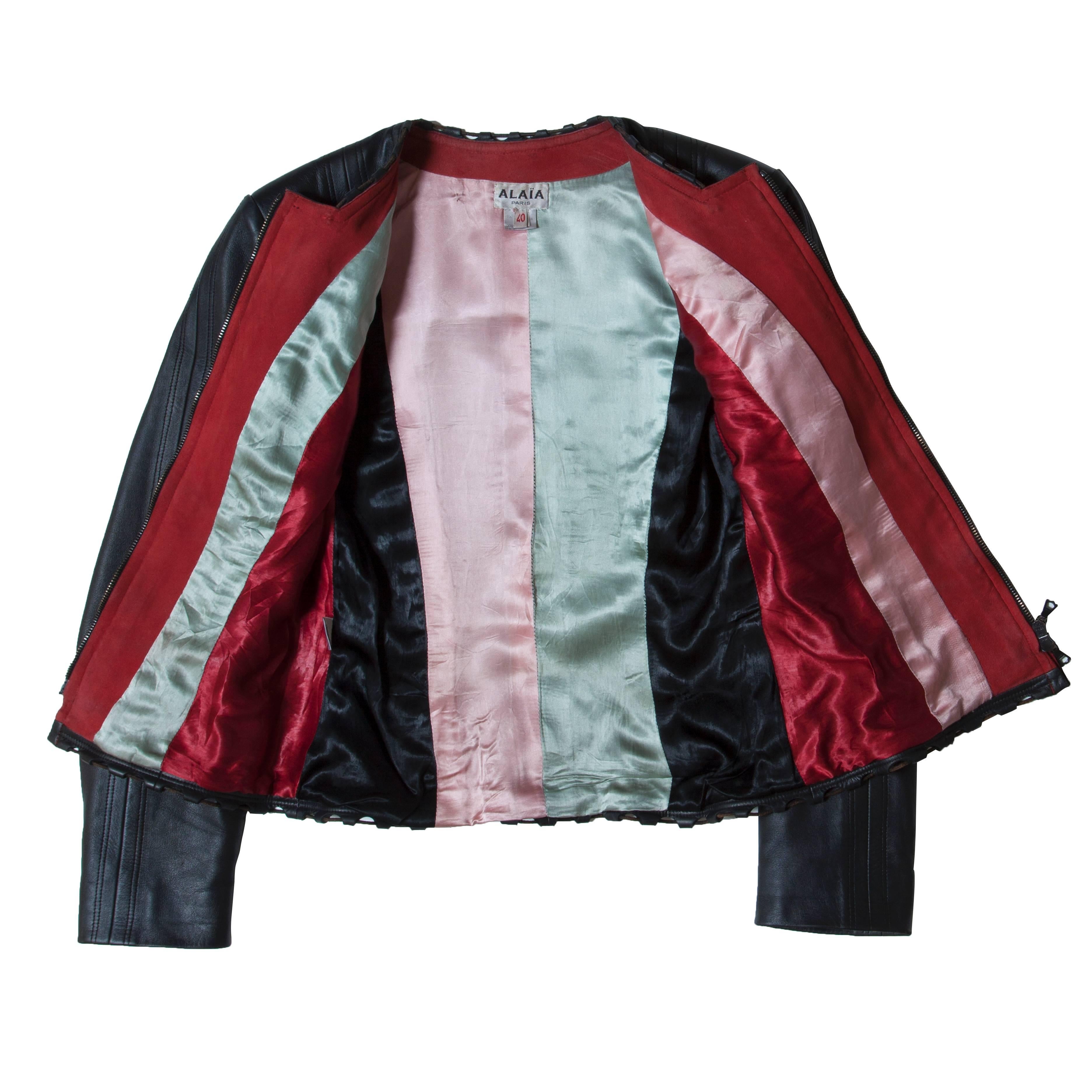 Women's Alaia Dark Brown Leather Jacket Bicolour Lining 1980s