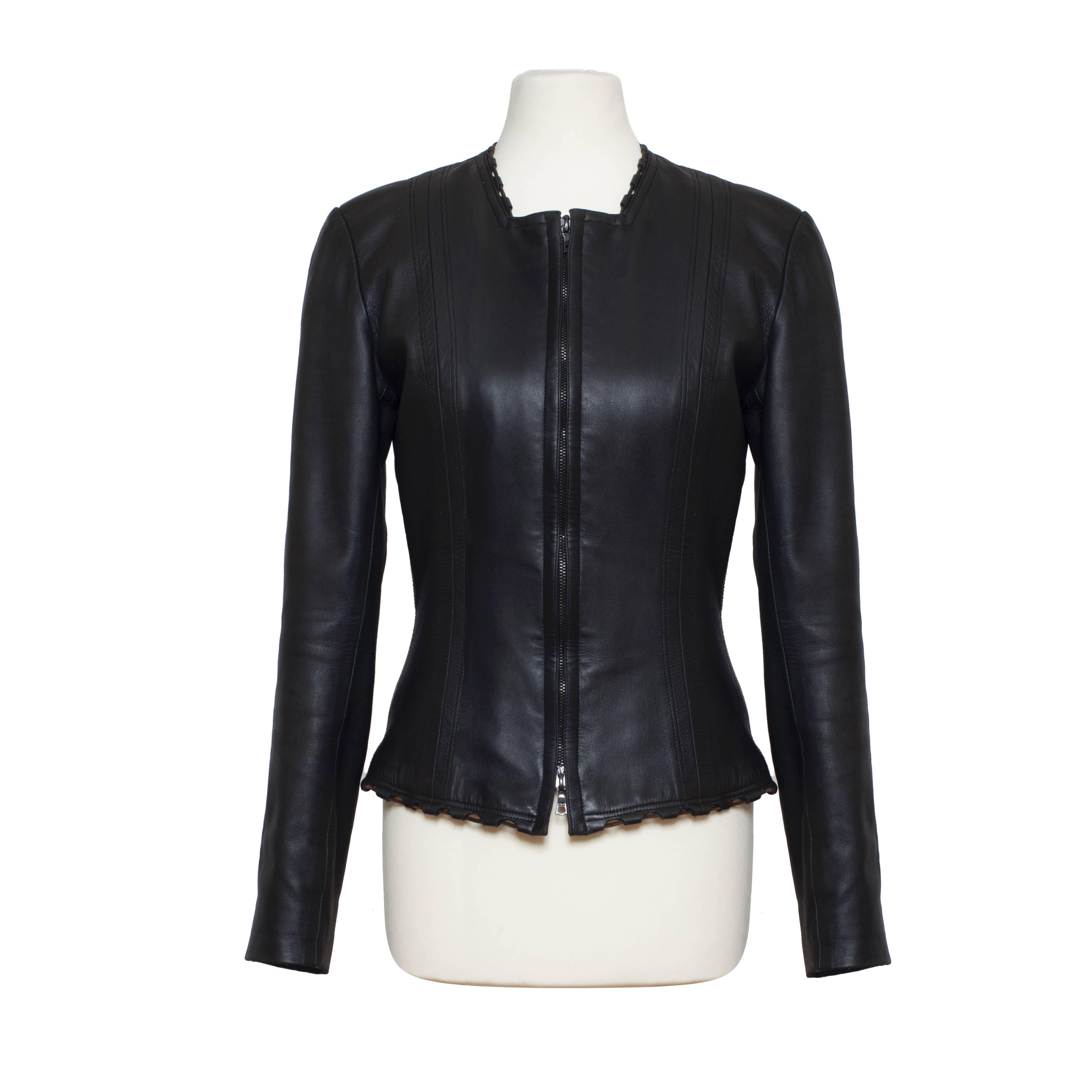 Alaia Dark Brown Leather Jacket Bicolour Lining 1980s 1