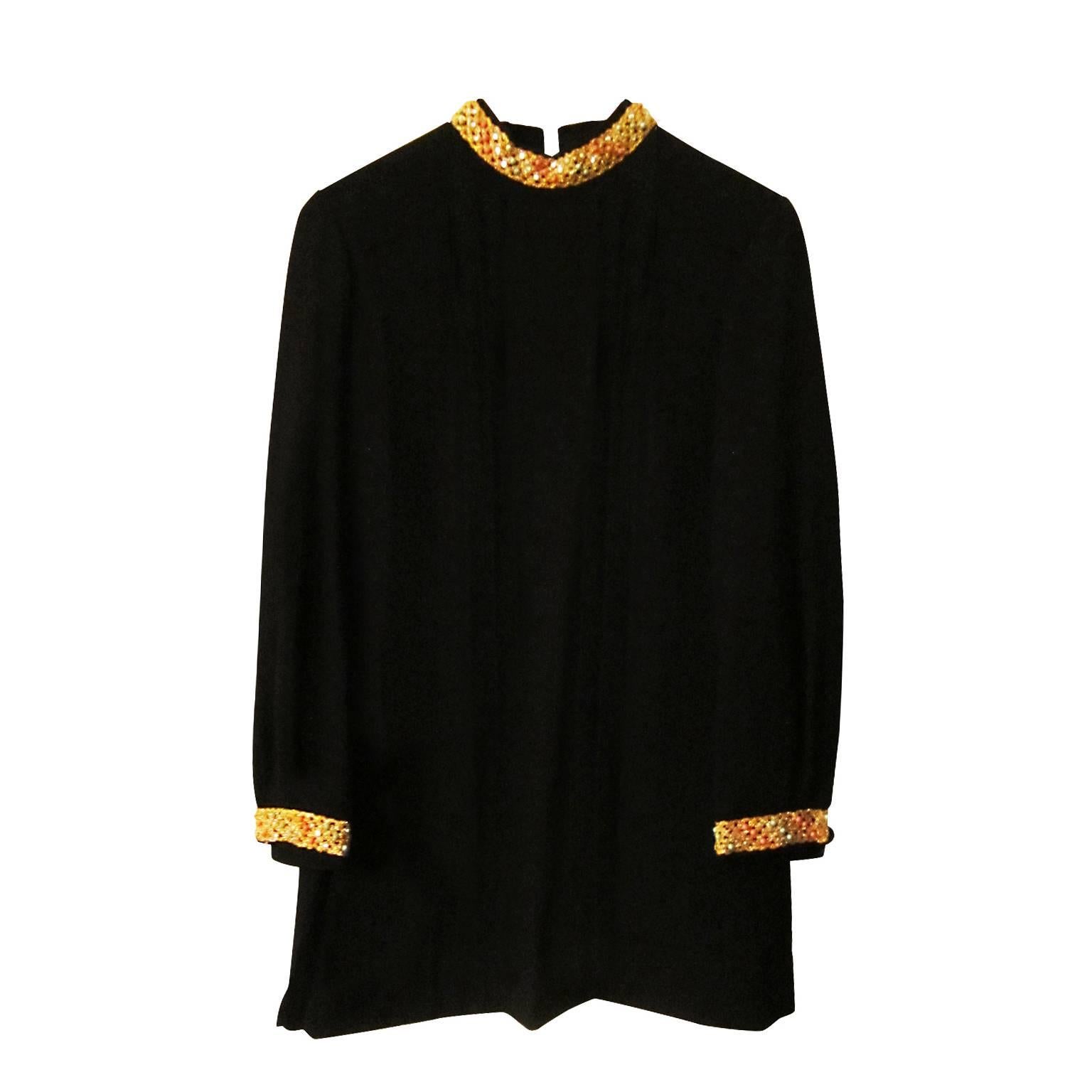 Black Mini Dress Golden Crochet 1960s