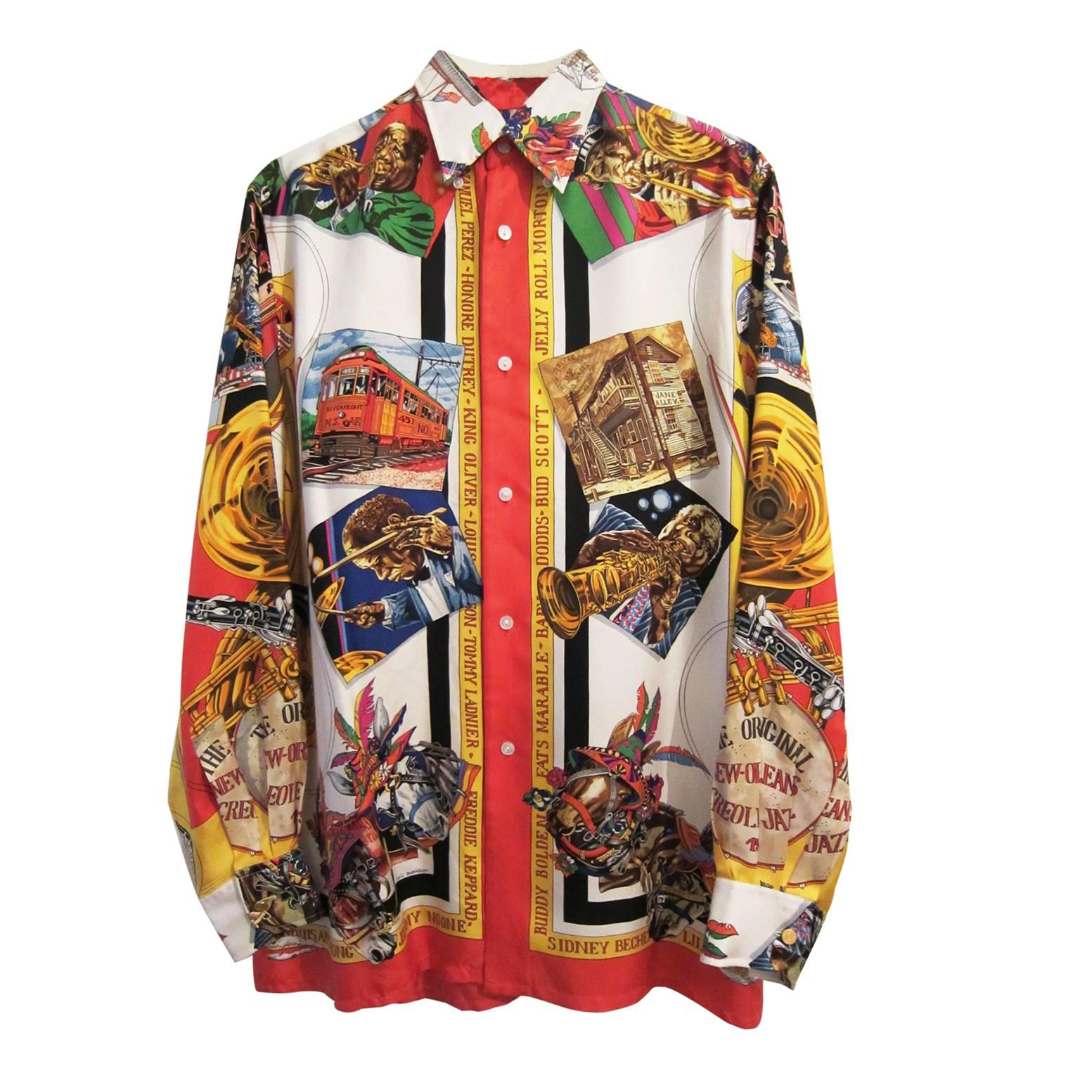Hermes New Orleans Creole Jazz Silk Shirt First Edition 1996 For Sale