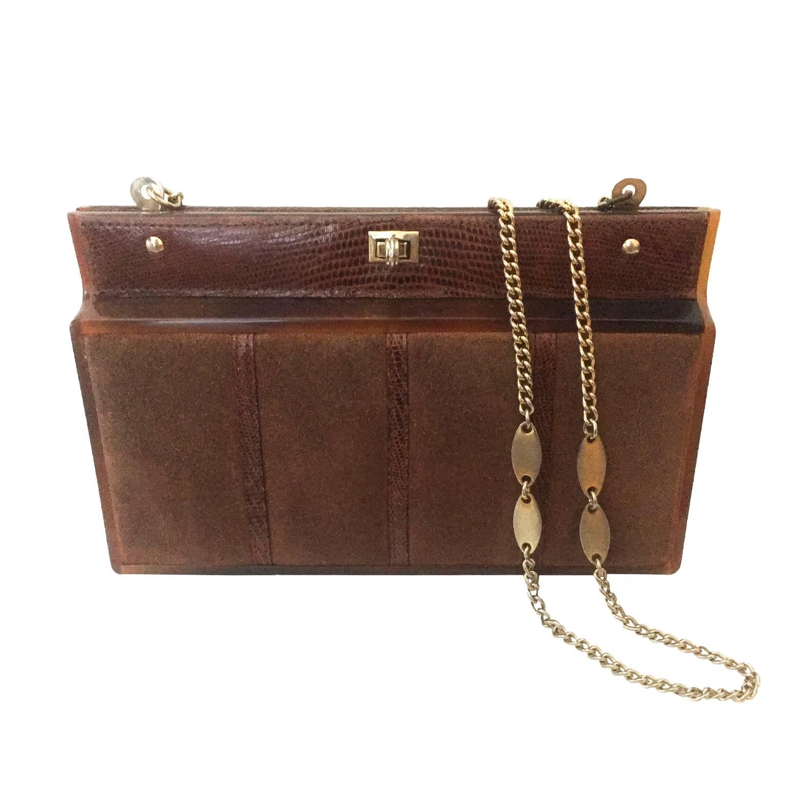 Brown Suede Chain Shoulder Box Clutch Purse 1970s For Sale