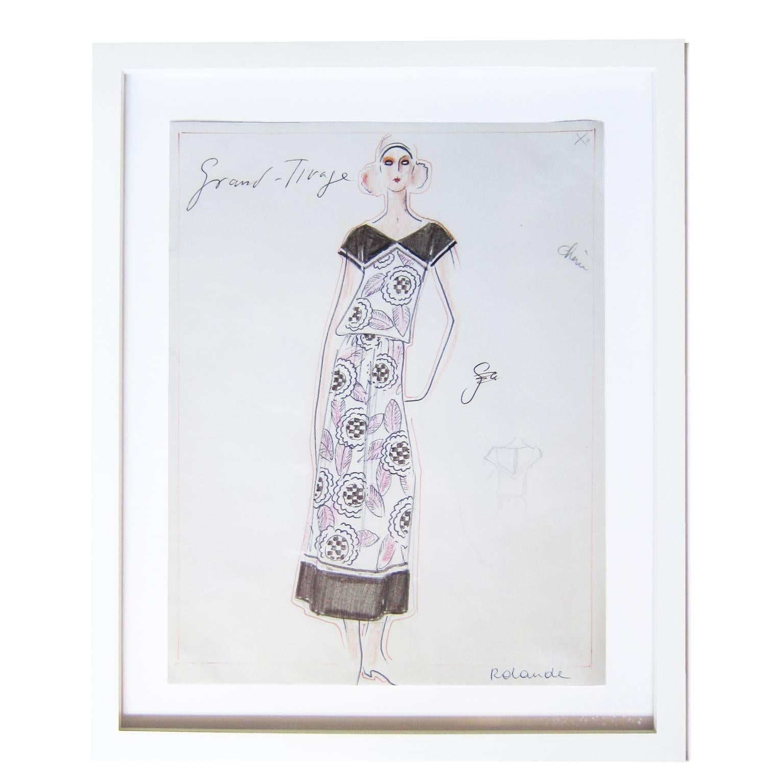 Karl Lagerfeld Original Sketch Croquis Flower Dress For Chloe 1970 