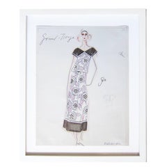 Karl Lagerfeld Original Skizze Croquis Blumenkleid für Chloe 1970