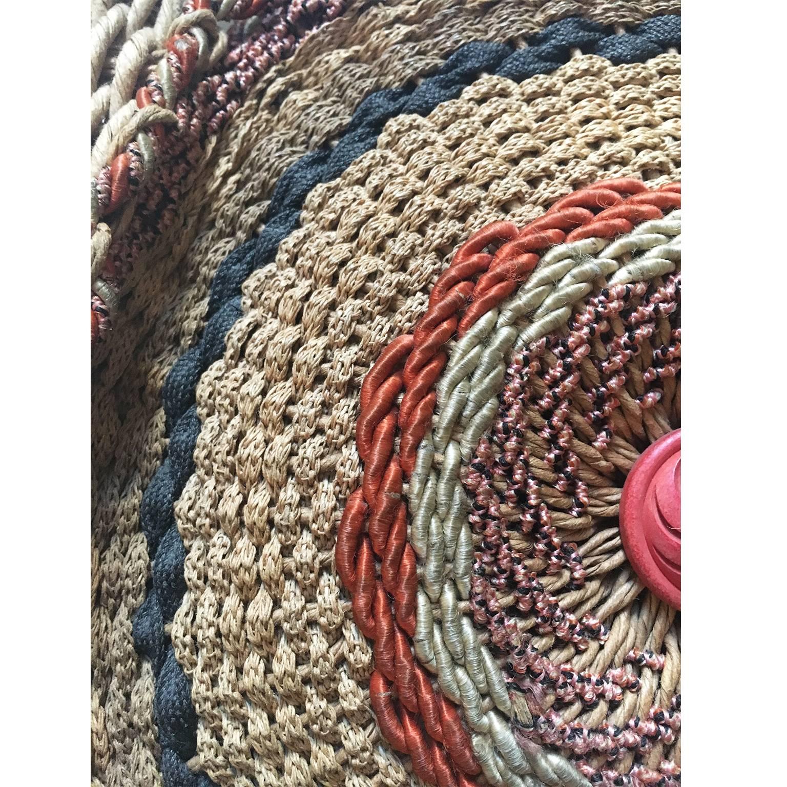 One of a kind beautiful multi colour hand woven paper rope / natural rope purse from circa 1920's. 
No lining. 
Measurements : 25 x 25 x 8 cm Handle length : 45 cm