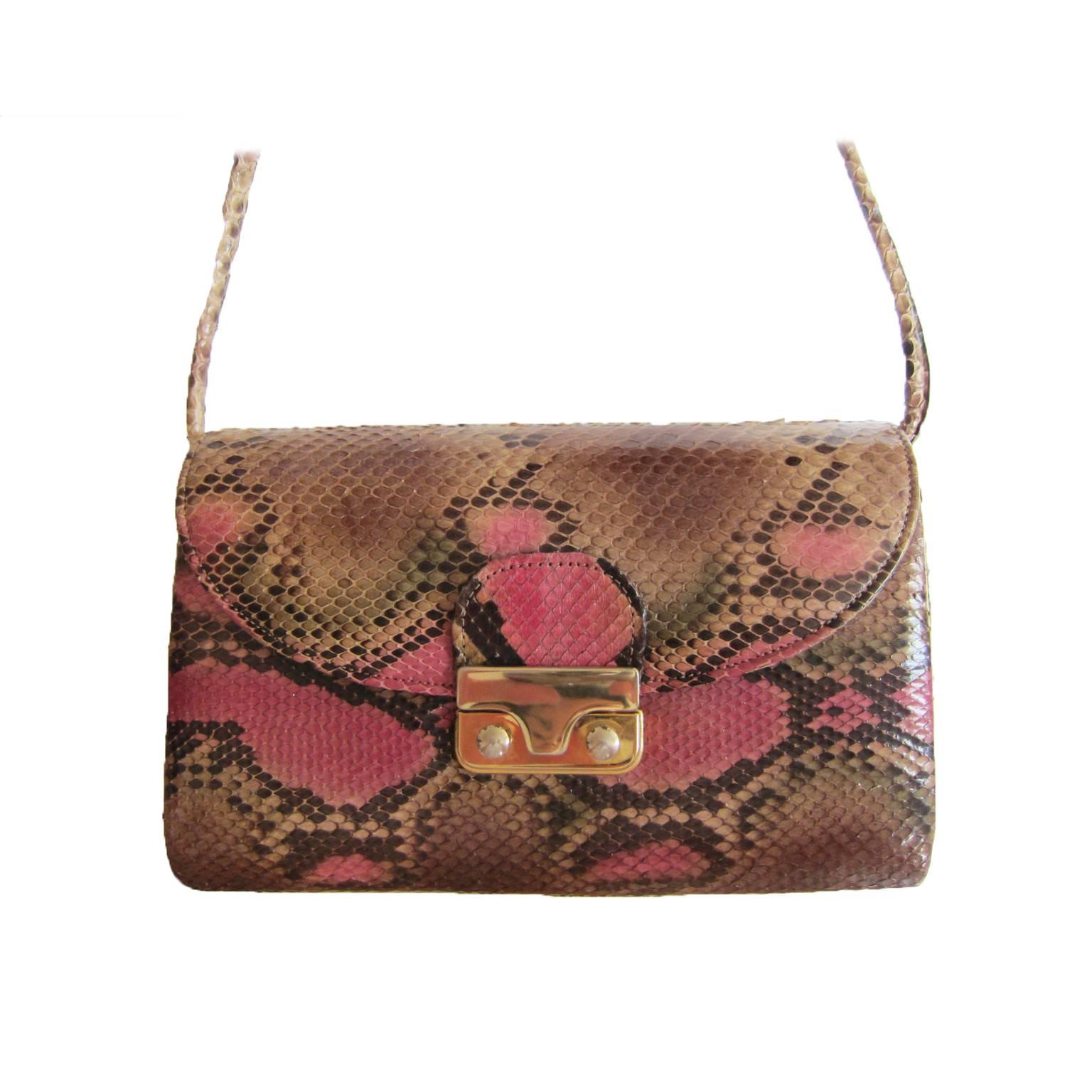 Brown Pink Python Shoulder Leather Purse 1970's For Sale
