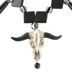 Exolette Cowgirl Black and White Beaded Necklace w/ Cast Stone Cow Skull Pendant