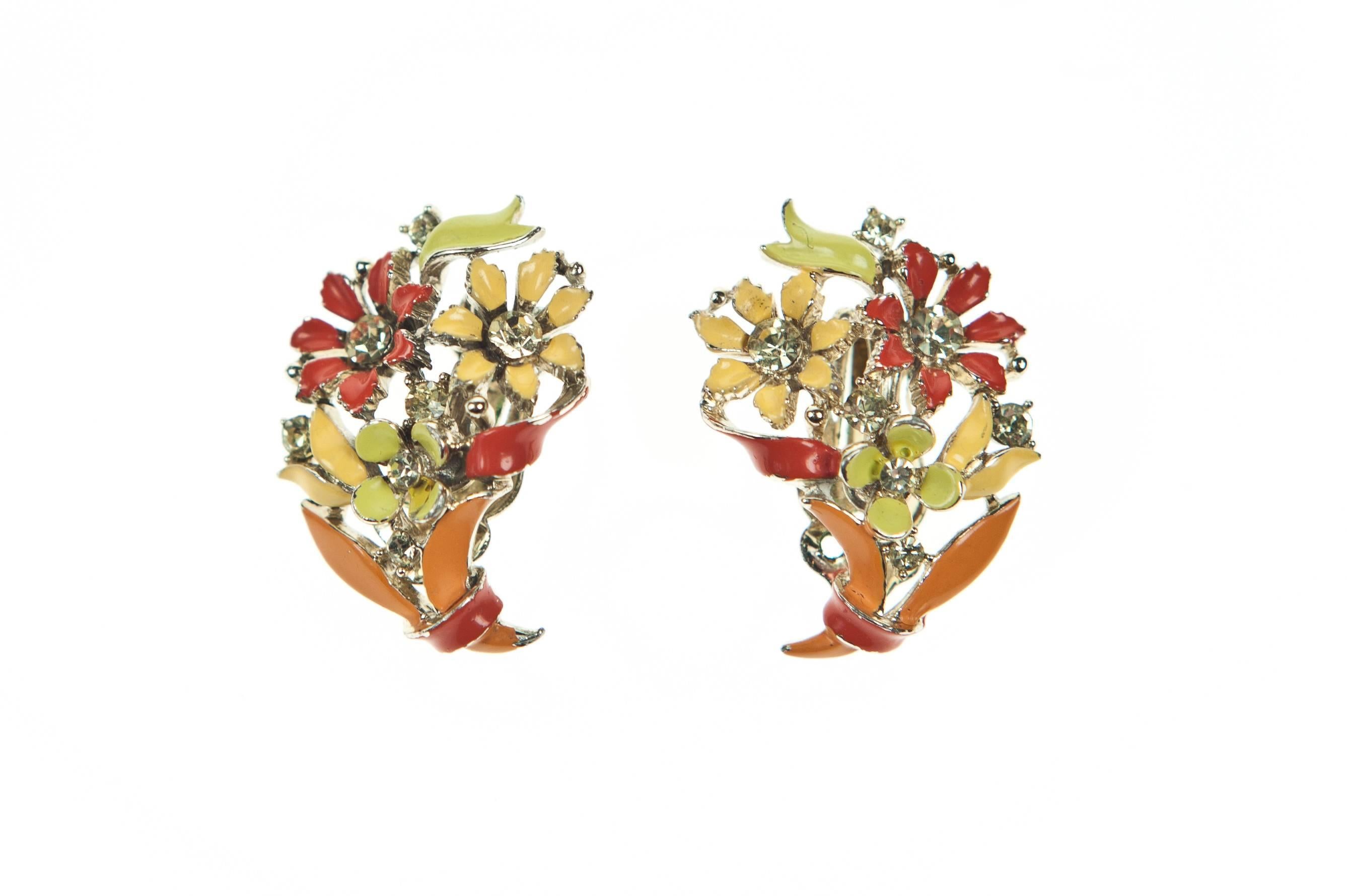 Vintage Orange Lisner Enameled Floral Necklace Set In Excellent Condition For Sale In London, GB