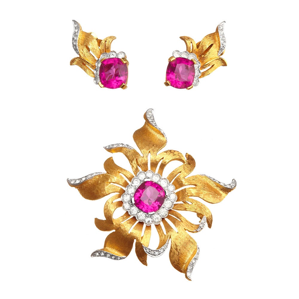 Vintage Jomaz Fuchsia Brooch & Earrings Set