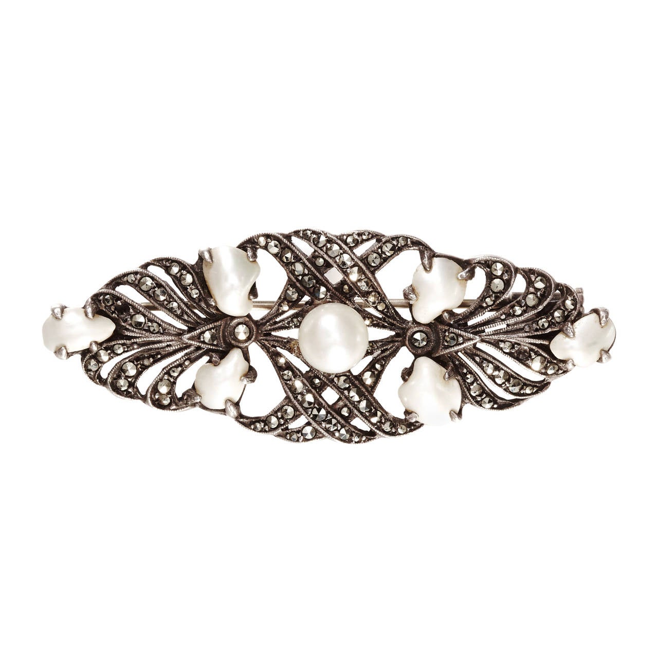 Vintage French Art Deco Marcasite & Pearl Brooch  For Sale