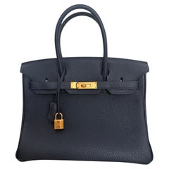 Hermes 20cm Birkin Bag Navy Blue Nuit Togo Bag Gold Hardware