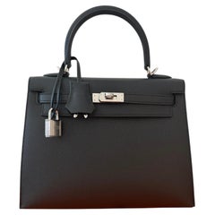 Hermès Kelly Sellier 25 Black Epsom Palladium Hardware G