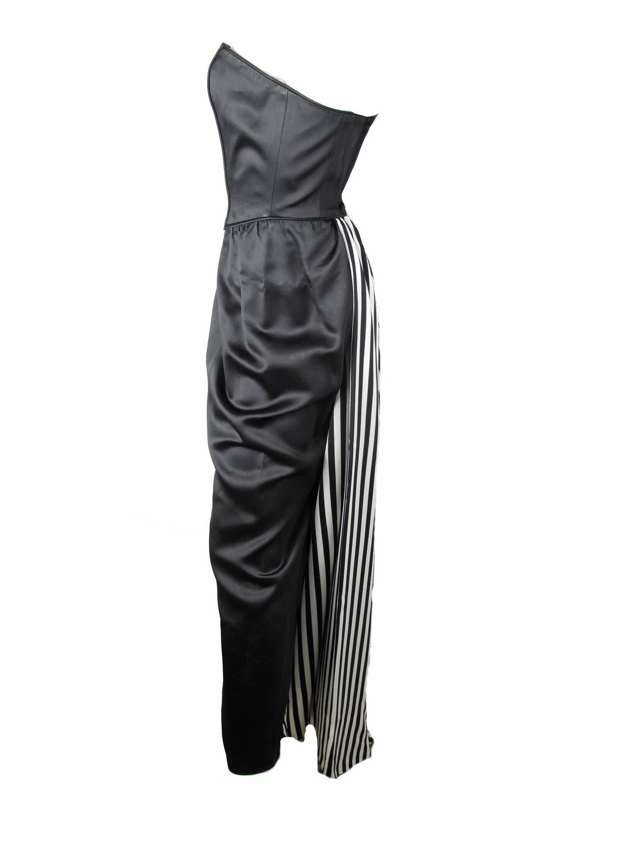 1980s Roland Klein black strapless dress with black and white train. Acetate fabric. 34