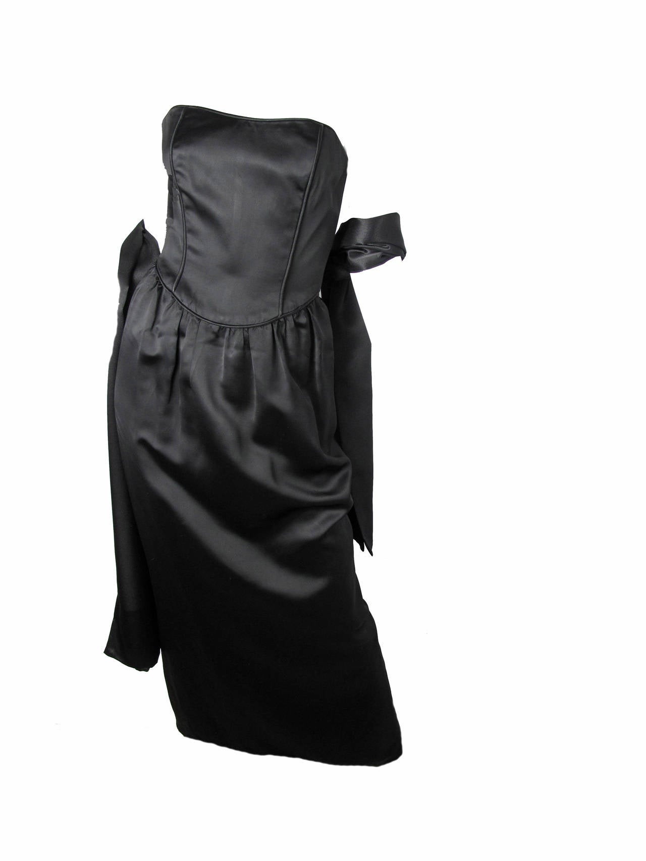 Black Roland Klein black strapless dress with black and white striped train  For Sale