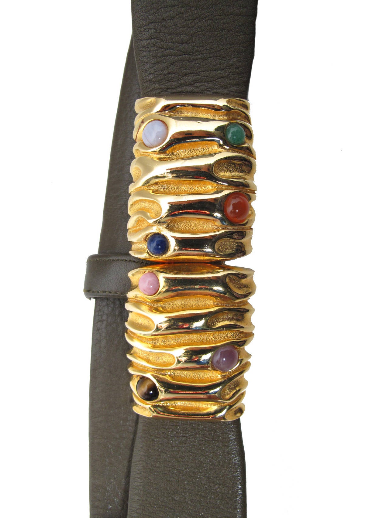 Judith Leiber brown leather adjustable waist belt with semi precious stones. 1 1/2