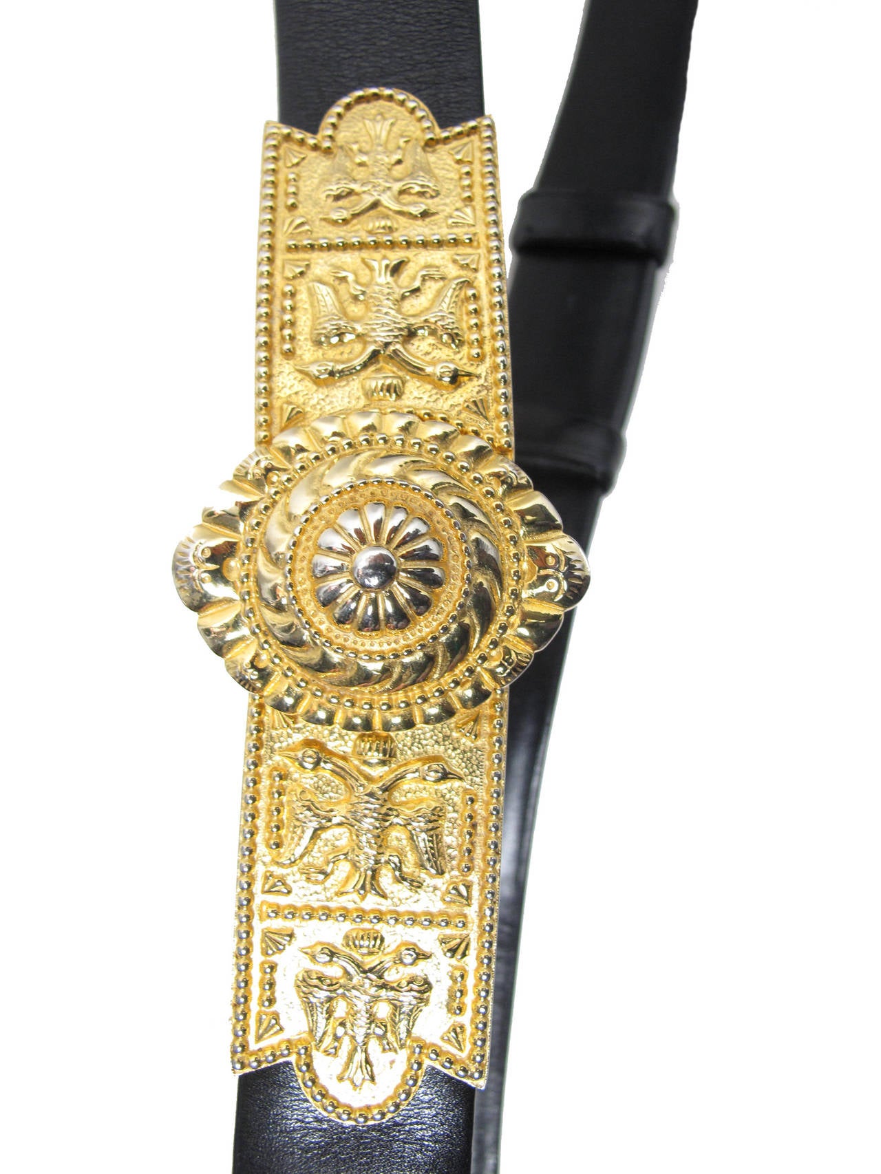 Judith Leiber black leather waist adjustable belt with gold buckle. 1
