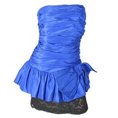 Oscar de la Renta blue taffeta and black lace strapless dress 2