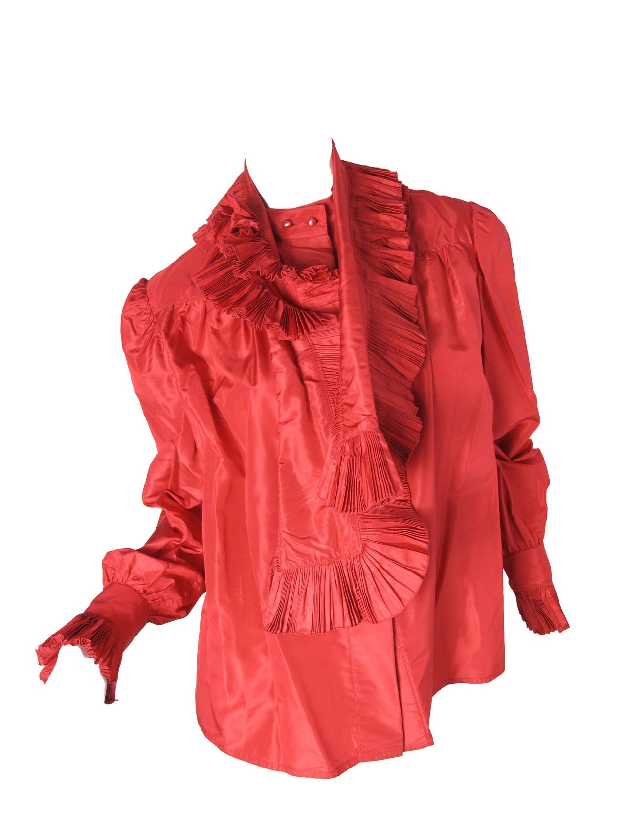 Chloe red silk blouse with ruffled cuffs and collar.  42