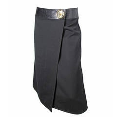 Celine black wool wrap skirt with leather waist band