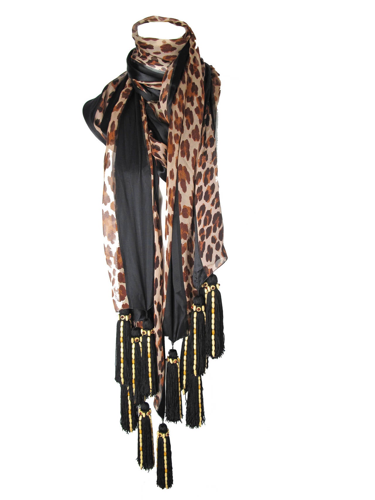 1980s Christian Dior sheer chiffon black and leopard wrap with tassels and beading.  6