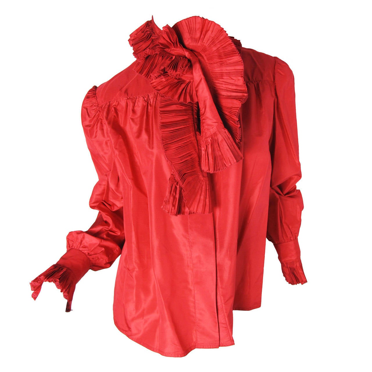 1980s Chloe red silk blouse with ruffled cuffs and collar