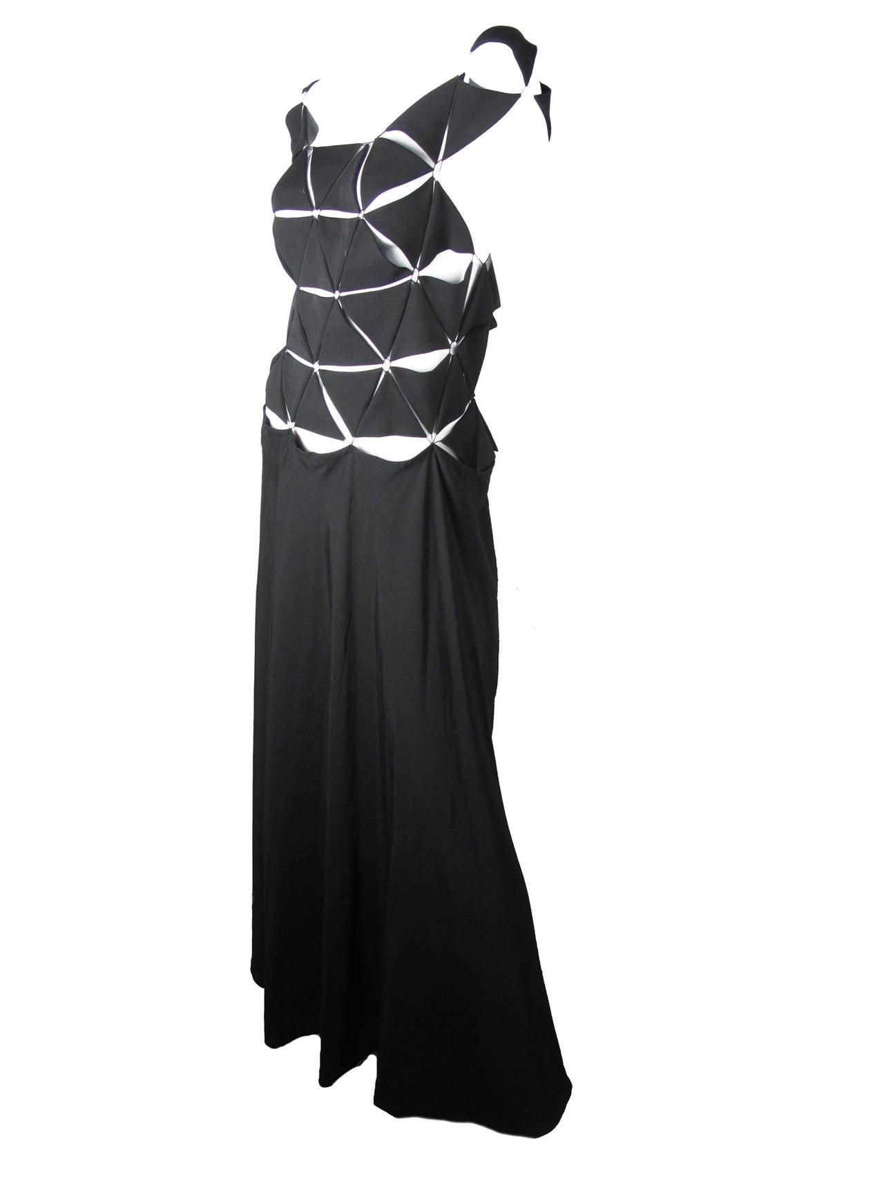 Yohji Yamamoto black rayon gown with square cut out design. Condition: Excellent, never worn, original tags still attached.  38