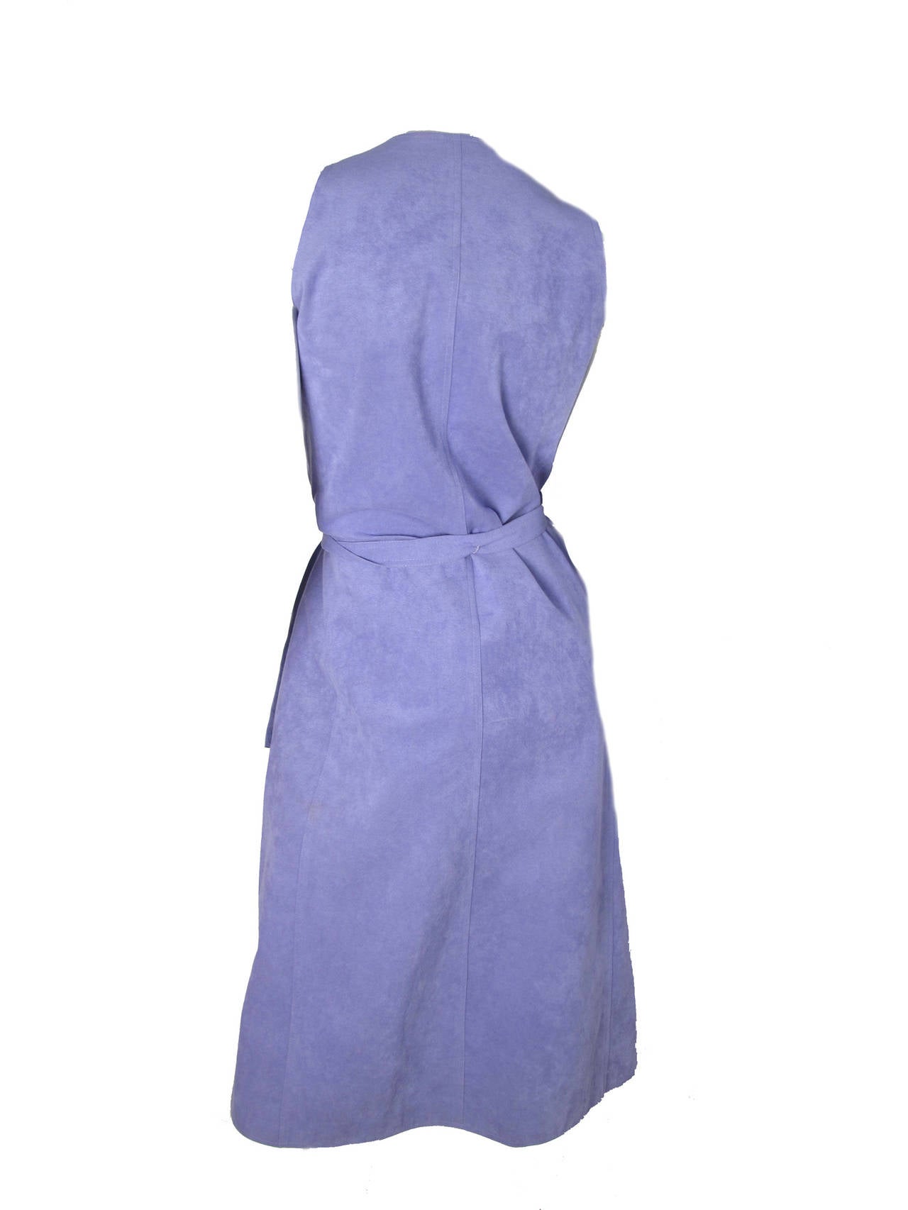 Halston purple ultra suede sleeveless dress with belt.  Buttons down front. Two side pockets. Condition: Good, some wear. 35