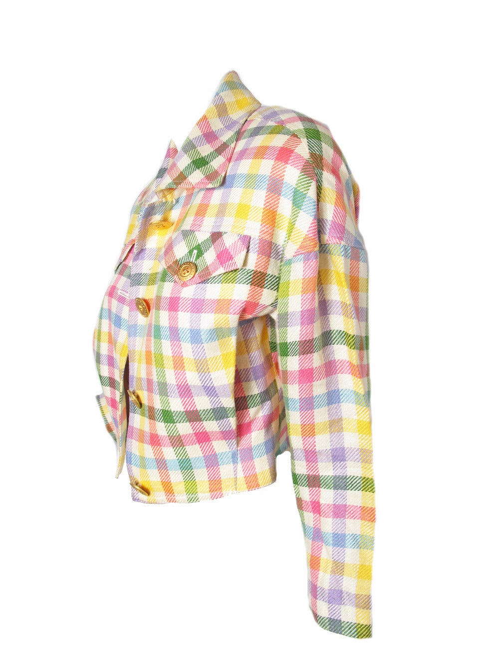 Emanuel Ungaro wool pastel cropped plaid jacket with metal buttons.  Condition: Very good, small spot.   38" bust, 30" waist, 16" sleeve, 18" length. Size 4