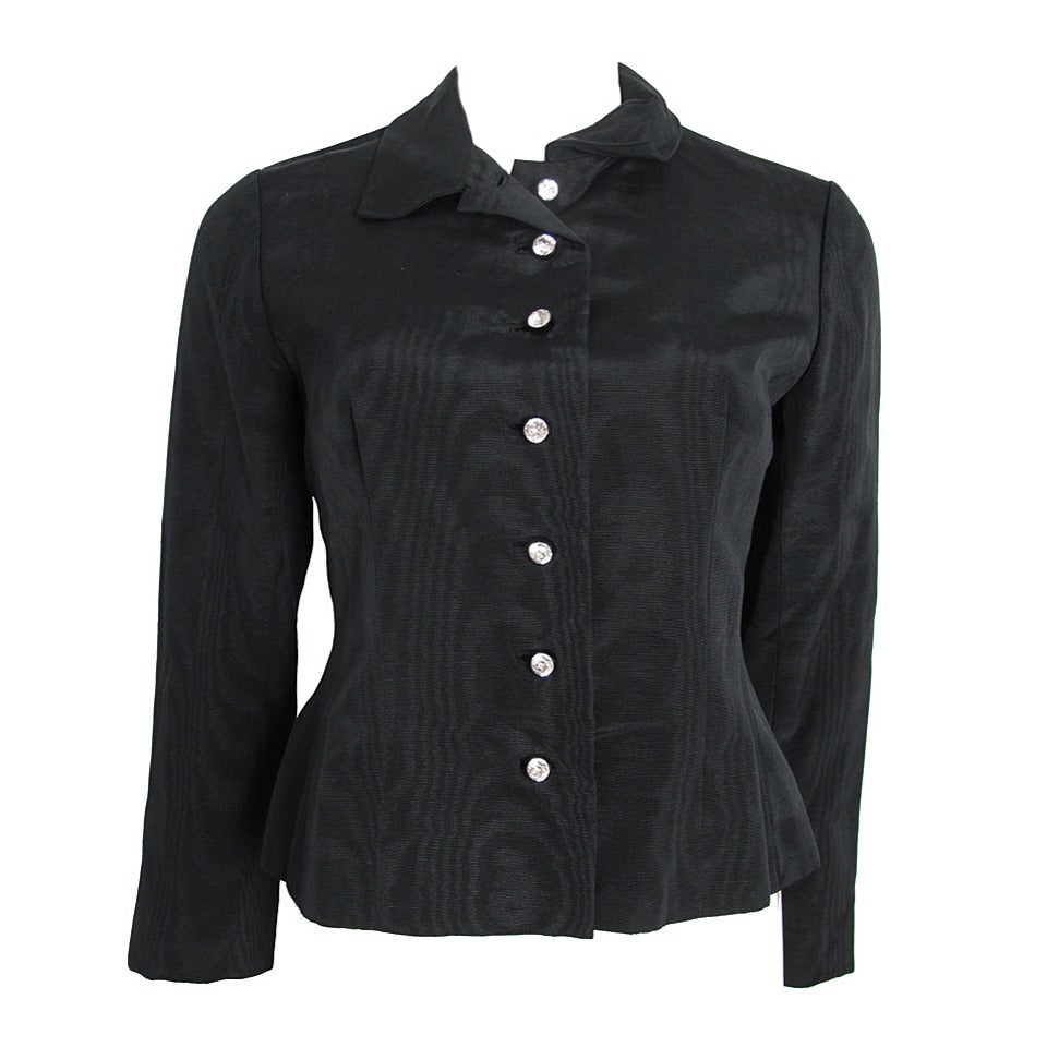 Early Givenchy Black Silk Jacket with Rhinestone Buttons