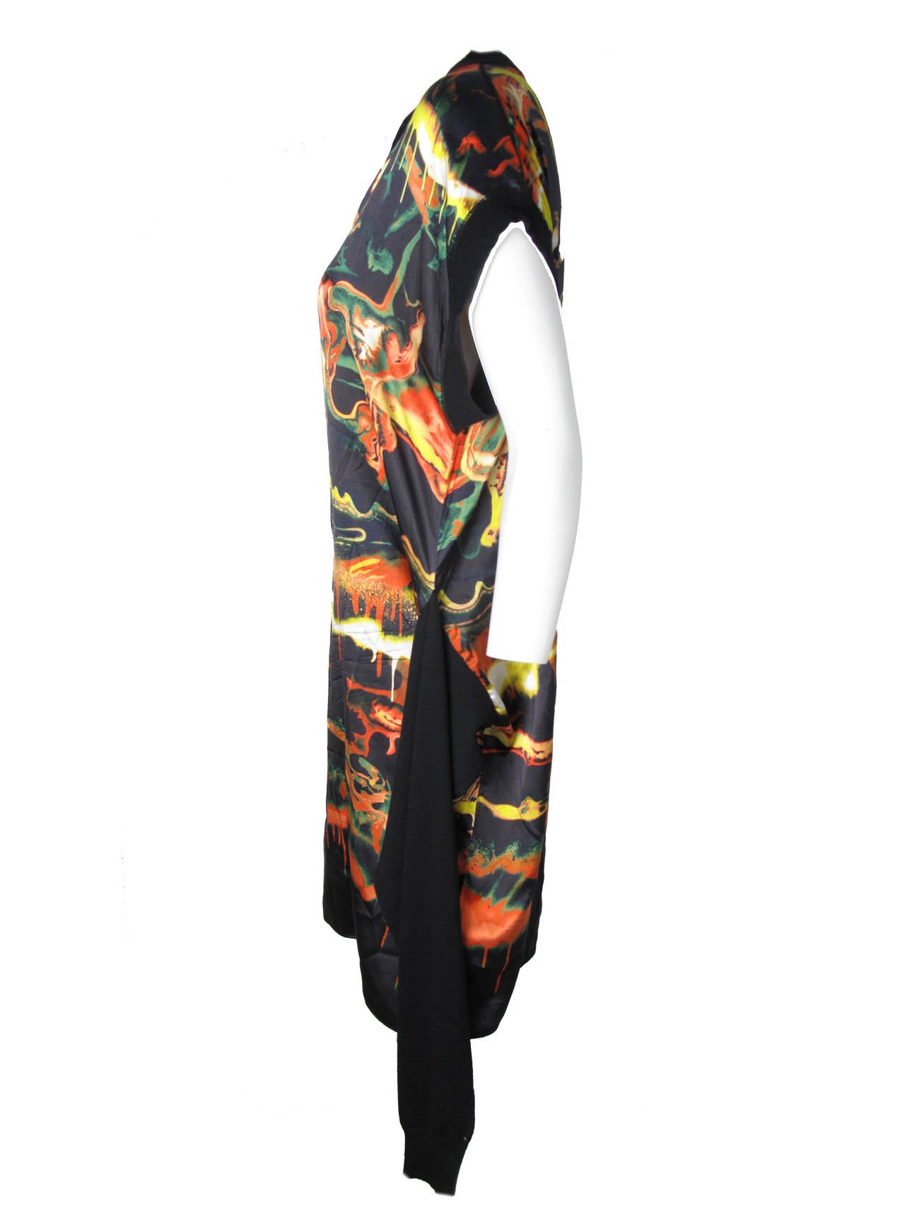 Jean Paul Gaultier Maille Femme silk printed dress with black wool sleeves that hang down.  Can be tied at waist for belt. 44