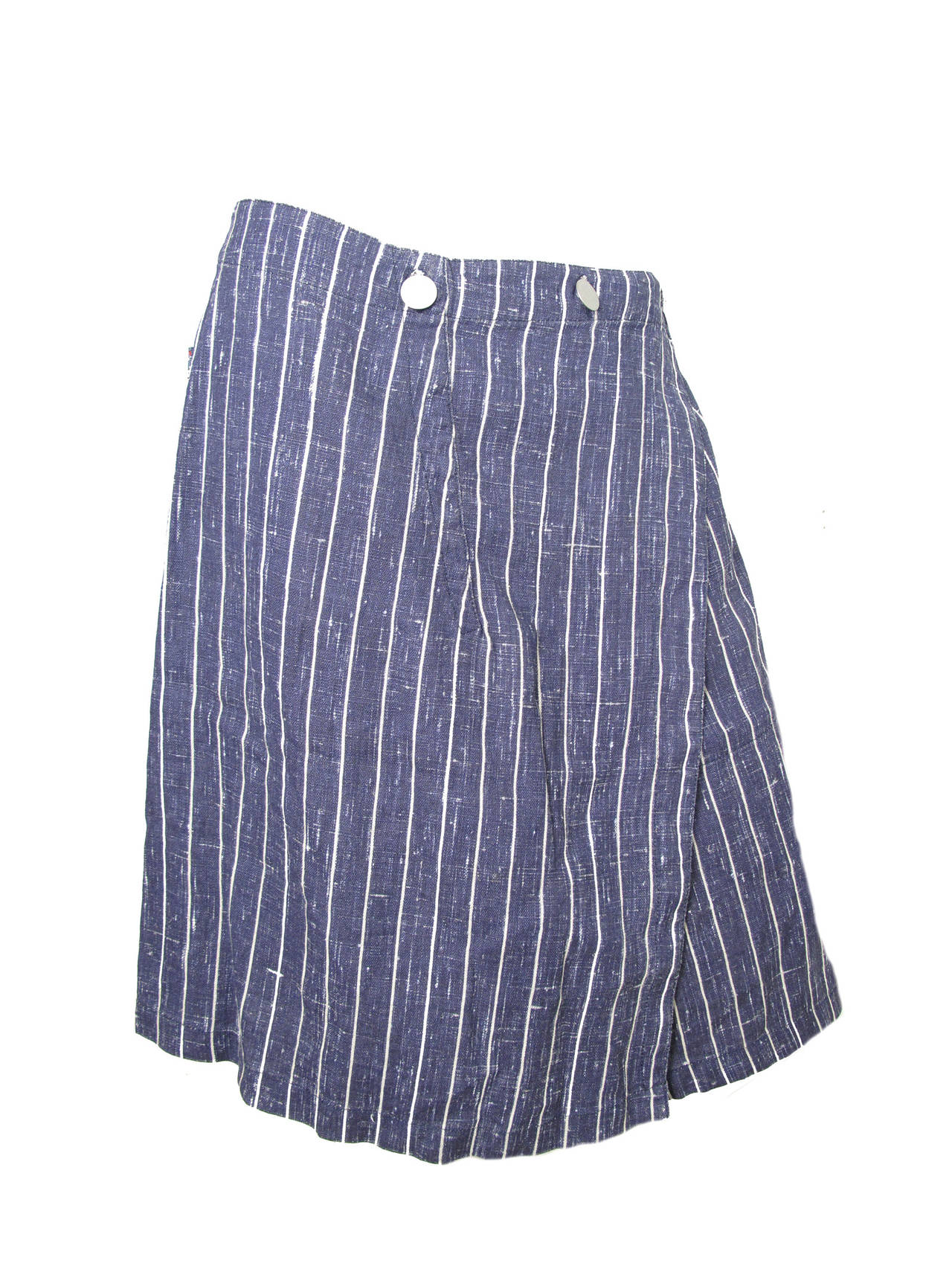 Jean paul gaultier linen navy and off white striped wrap skirt.  One back pocket, and one side zipper pocket.  Condition: Excellent, never worn, tags still attached. 32