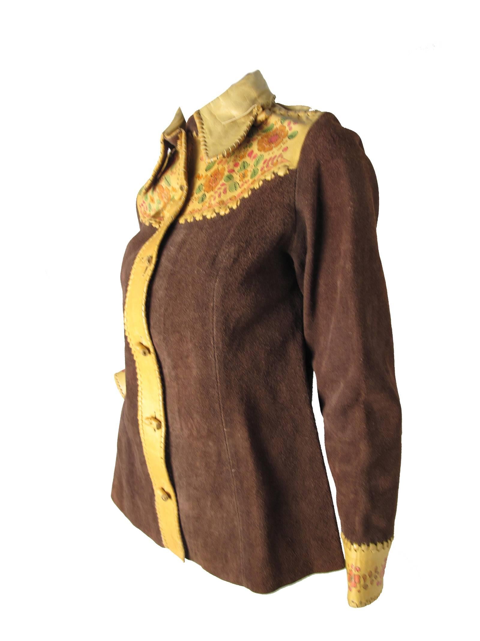 1970s Char brown suede hand painted jacket with whipstitching. Condition: Good. 
Size 6
36" bust, 32" waist, 40" hips, 22 1/2" sleeve, 15" shoulder, 25" length. 

Please let us know if you have any questions.  We