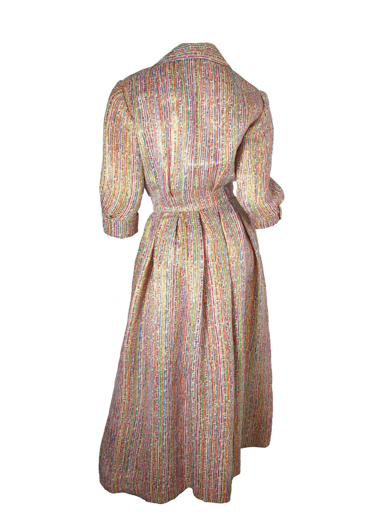Brown Christian Dior Gold Lame and Multicolored Dress, 1950s 