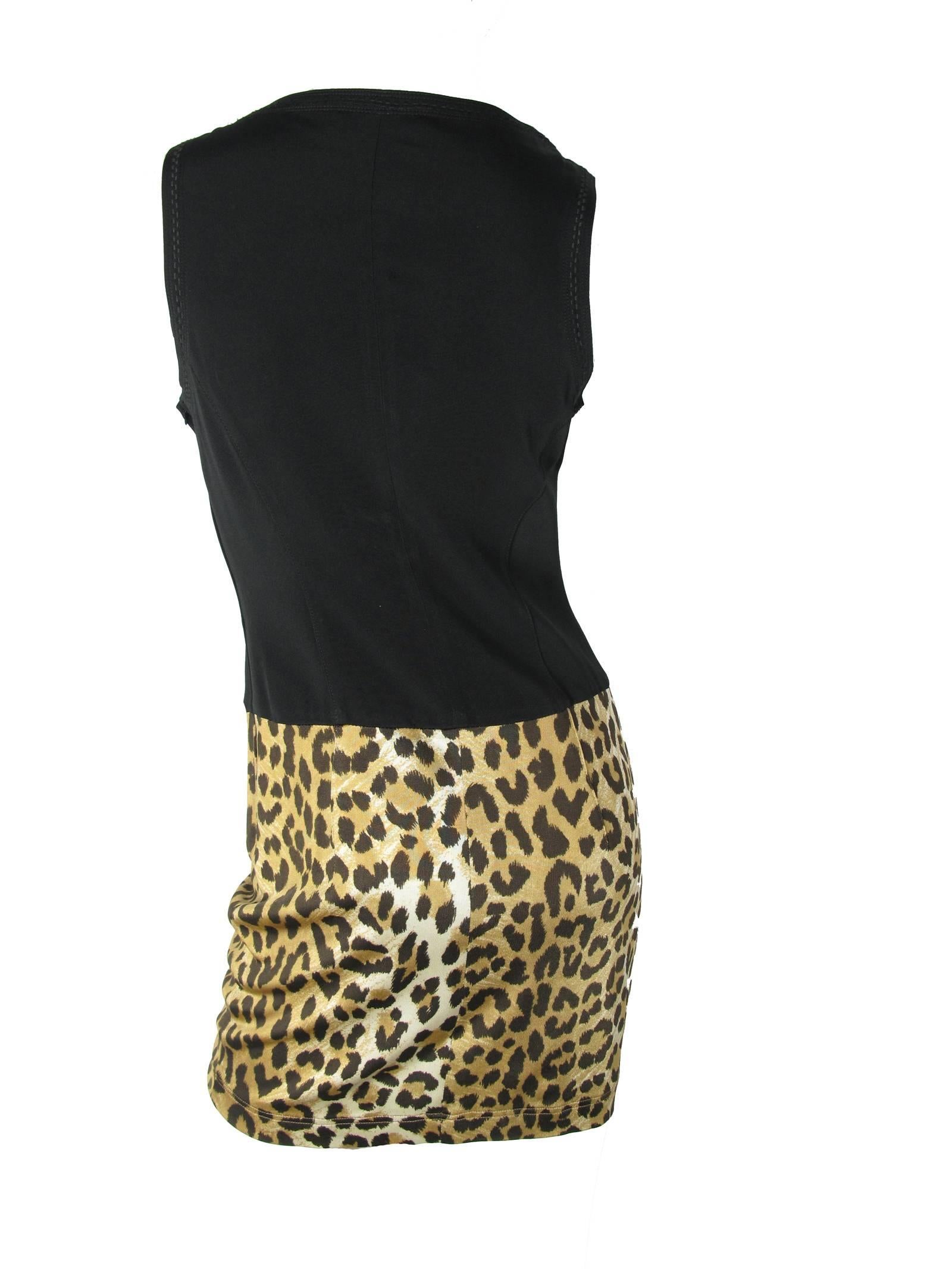 1990s Ozbek black and leopard dress. Stretchy lycra material, no fabric label.  Size 8     34