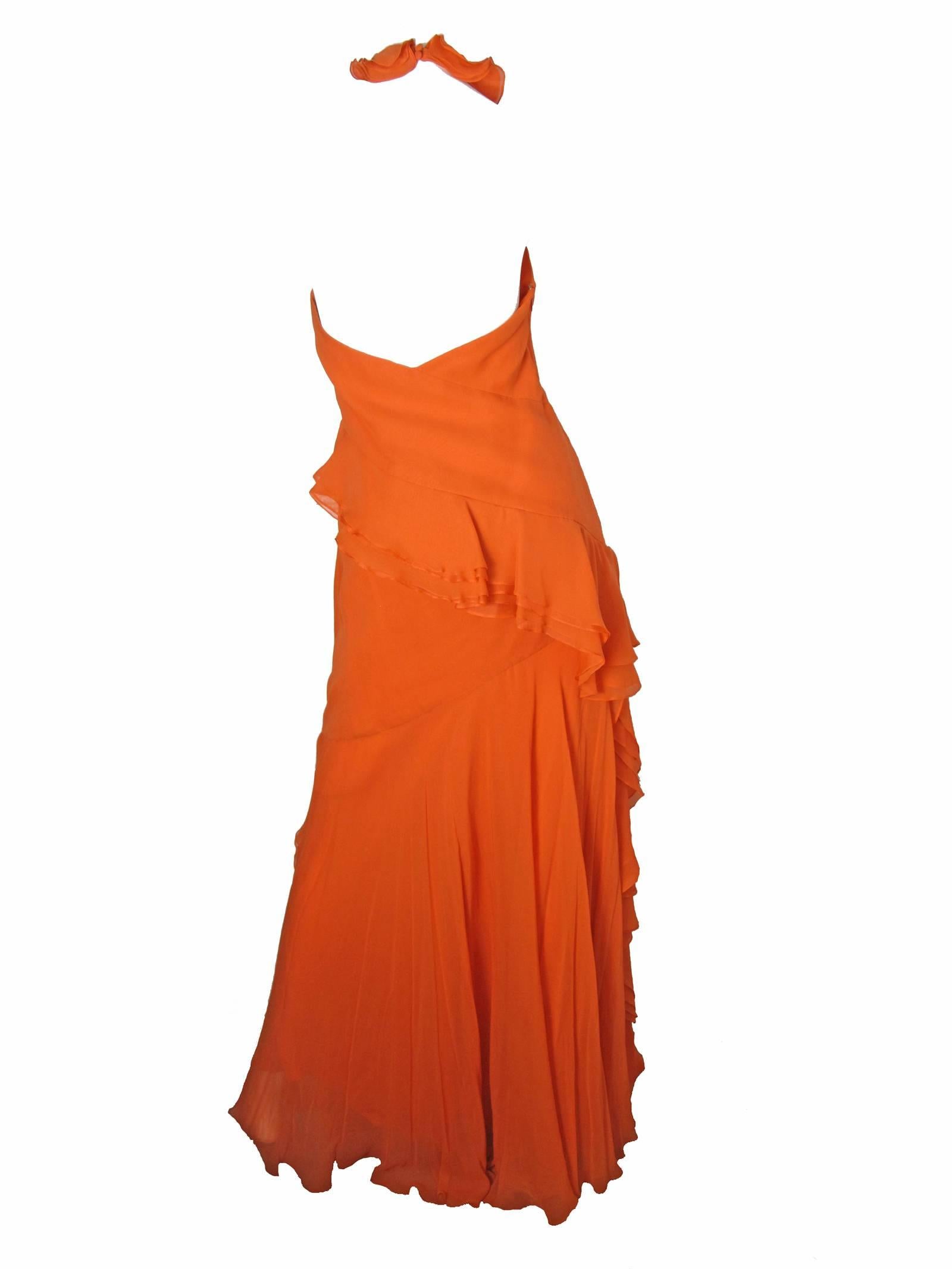 Pamella Roland orange chiffon ruffled halter gown.  Size 6 ( mannequin is a size 6 ) 

36