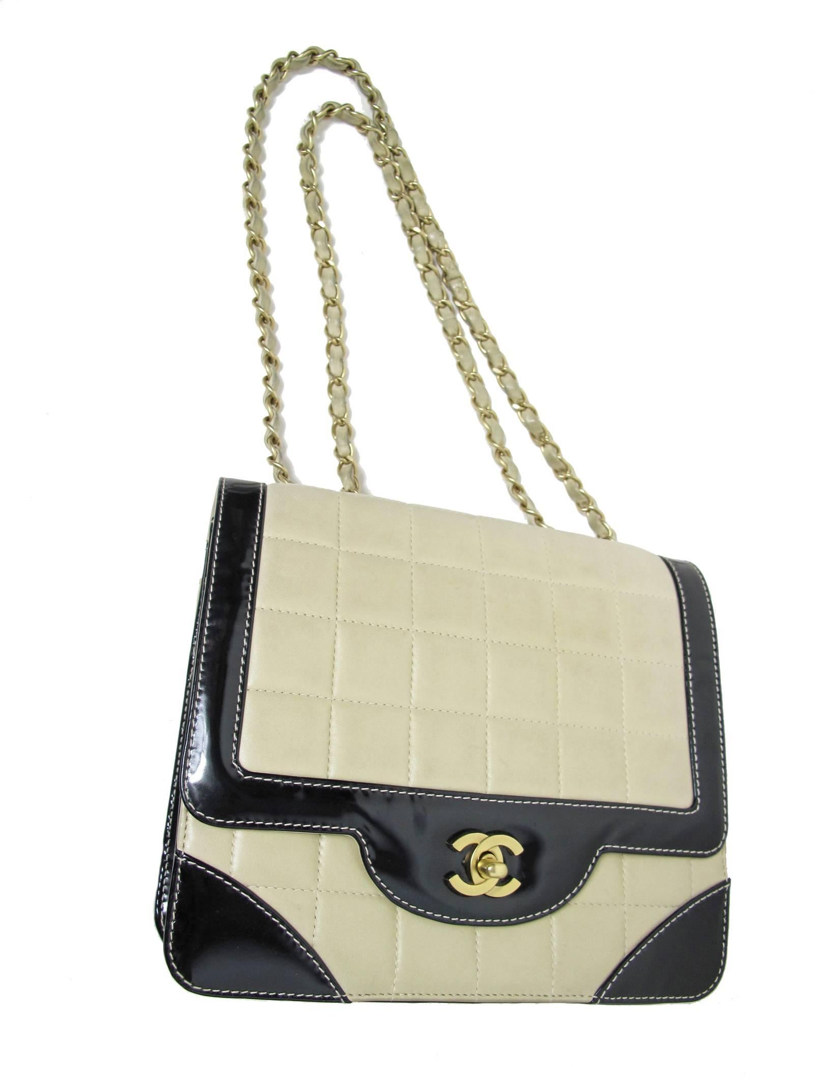 Beige Chanel Quilted Leather and Patent Bag - Sale