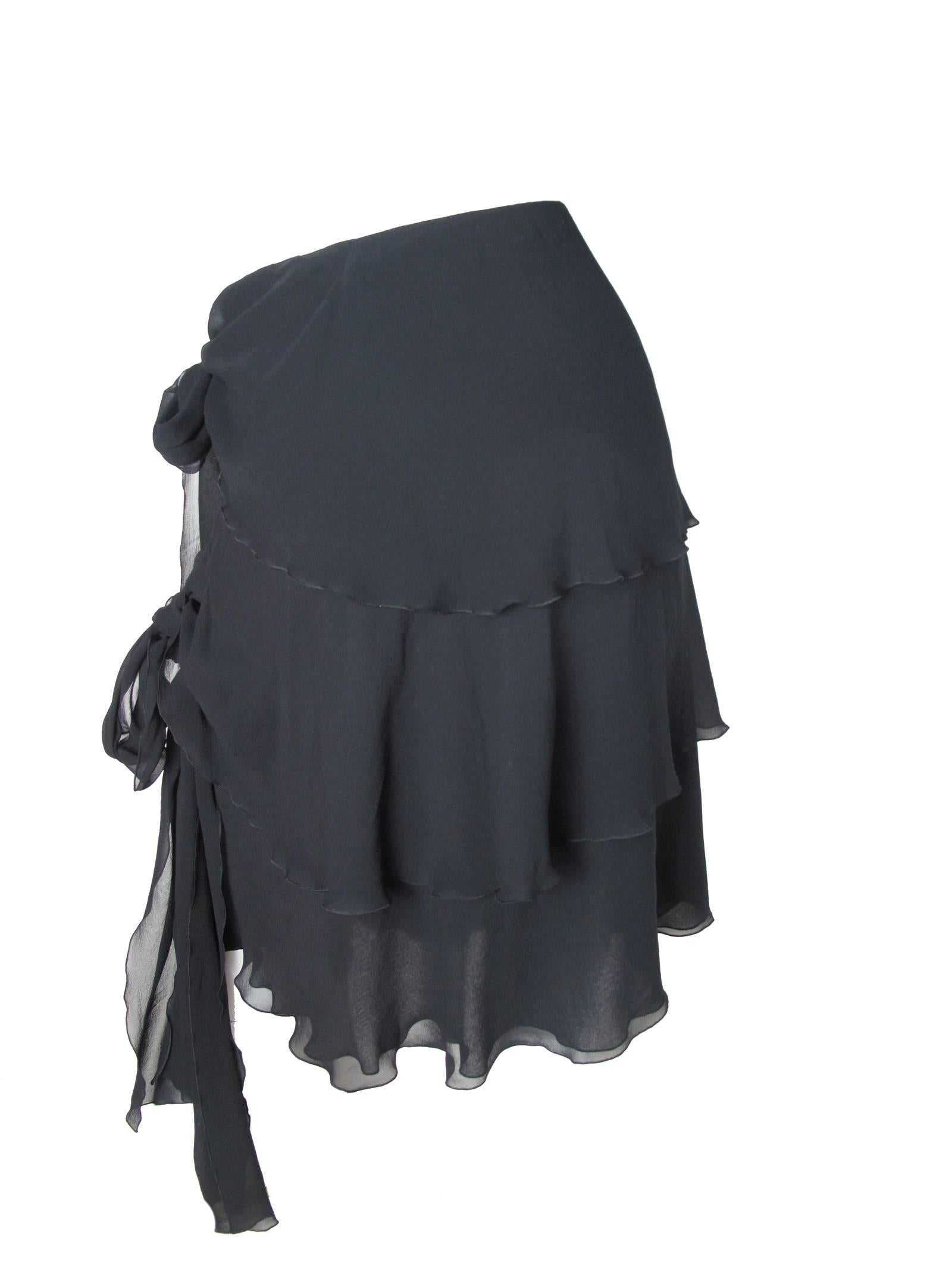 Black Chanel Silk Chiffon Ruffle Skirt with Ties 