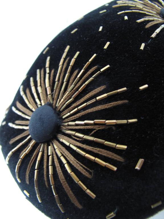 1950s Schiaparelli Black Velvet Beret with Bugle Beads and Starbursts 1