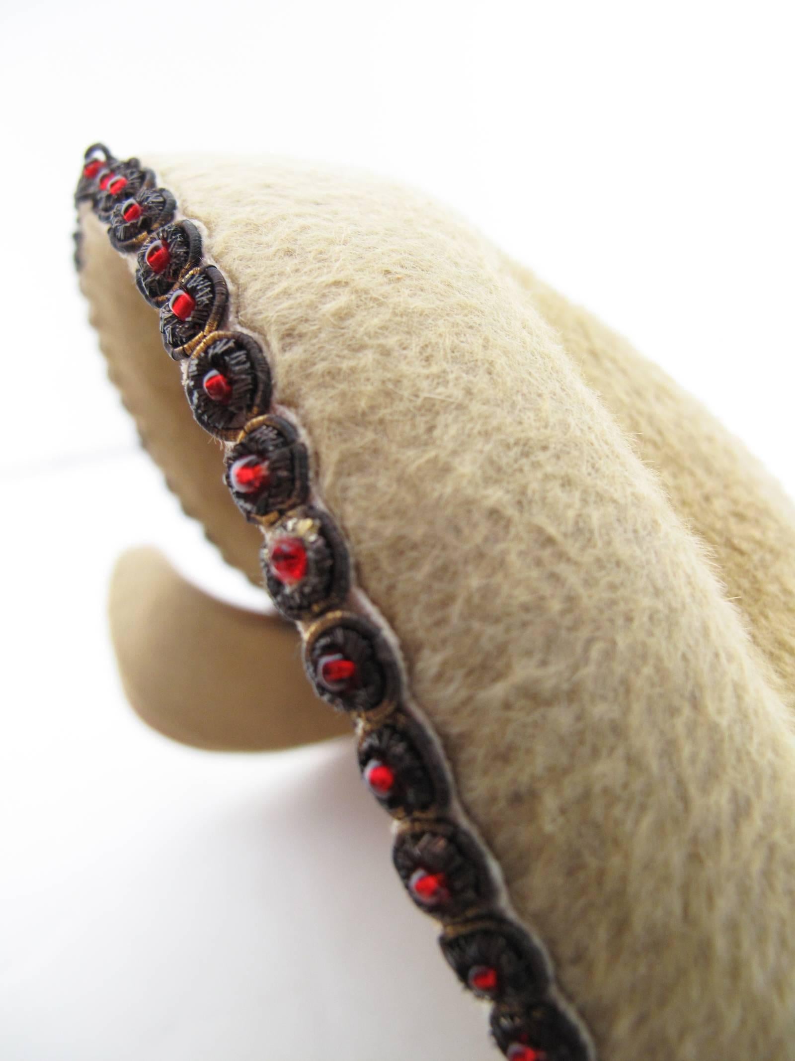 Beige Schiaparelli Tan Beret with Red Beaded Trim, 1950s 