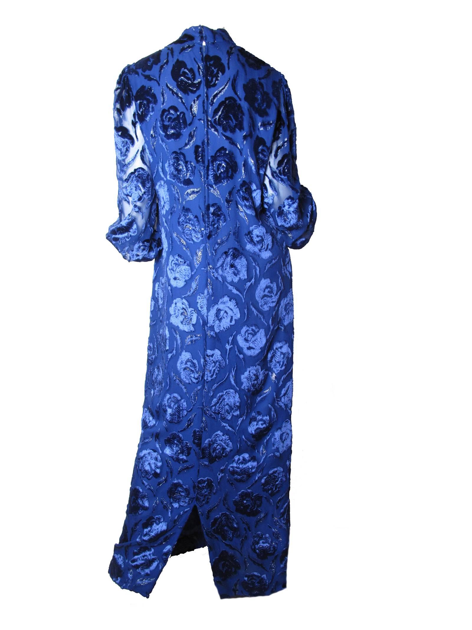 Adele Simpson Royal Blue Floral Burnt Velvet Evening Gown In Excellent Condition In Austin, TX
